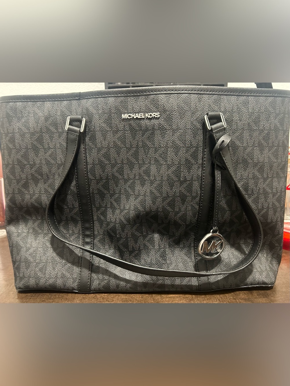 Michael Kors Black MK Monogram Tote with Silver Logo - Picture 4 of 13